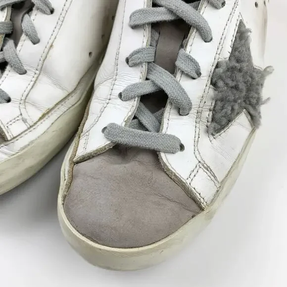 Golden Goose Superstar Low Top Sneakers White Leather Grey Fleece Star Womens 38 - Picture 2 of 16